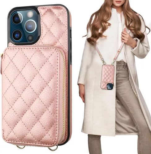 Vista 14 de Bocasal Funda tipo cartera cruzada para iPhone 13 Pro Max, bloqueo RFID de cuero PU con cremallera, bolso cartera con tapa plegable, funda tipo Beige