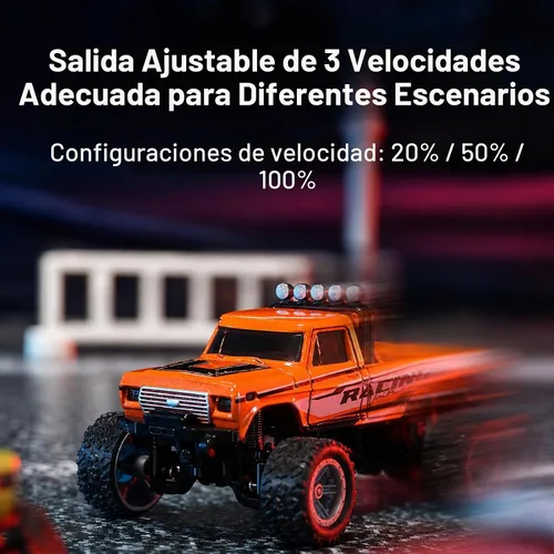 Vista 3 de Mini camión monstruo de control remoto a escala 1:64 con remolque 2.4 GHz y control dual de aplicación, mini auto RC de aleación con luces LED Azul