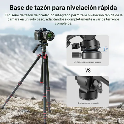 Vista 2 de NEEWER Trípode con cabeza fluida con base de nivelación +/-10° (37mm de diámetro), cabeza de pan y tilt de metal con placa QR tipo Arca, mango