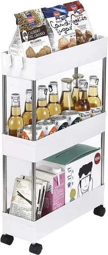 Vista 3 de Carrito de almacenamiento móvil, estantes de pie, organizador de almacenamiento deslizante, carrito utilitario con ruedas para cocina, baño