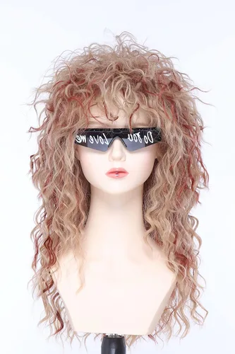 Vista 2 de Roleplar Peluca rizada rubia de los años 80 para hombre, peluca de salmonete, mezcla dorada y marrón, disfraz de rockero para fiesta de disfraces