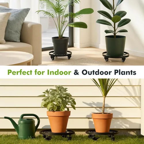 Vista 4 de Paquete de 3 posavasos de metal para plantas de 10.6 pulgadas, con ruedas, soporte rodante resistente para plantas con ruedas para interiores y Negro