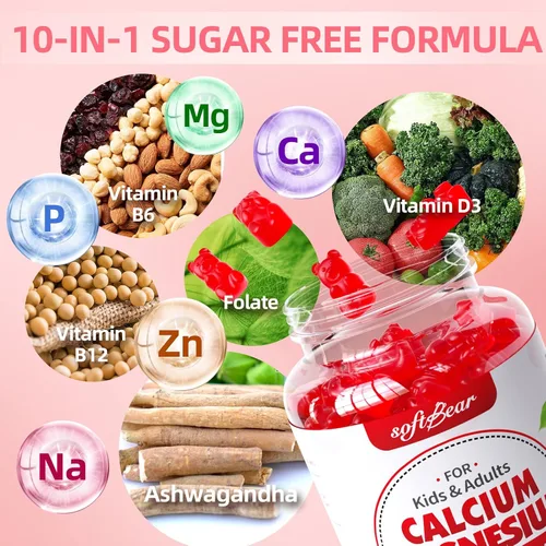 Vista 3 de softbear Gomitas de calcio y magnesio y zinc para mujeres, suplemento de calcio y magnesio con vitamina D3 para fortalecer los huesos, veganas/sin