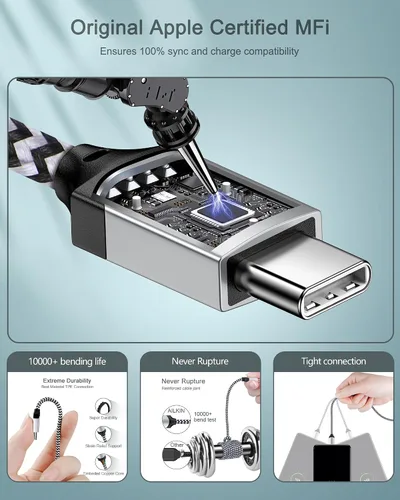 Vista 11 de AILKIN - Cargadores para iPhone con certificación MFI, cable Lightning trenzado de 6 pies de largo USB Wall Charger, Fast Charging Power Cord Plug