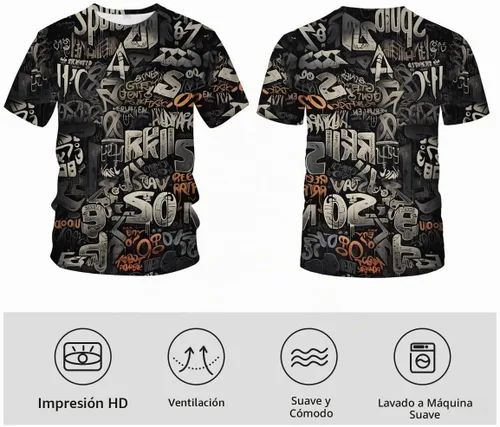 Vista 6 de Camiseta con marcadores de graffiti con letras callejeras para hombre, impresión 3D, camiseta gráfica de graffiti Negro