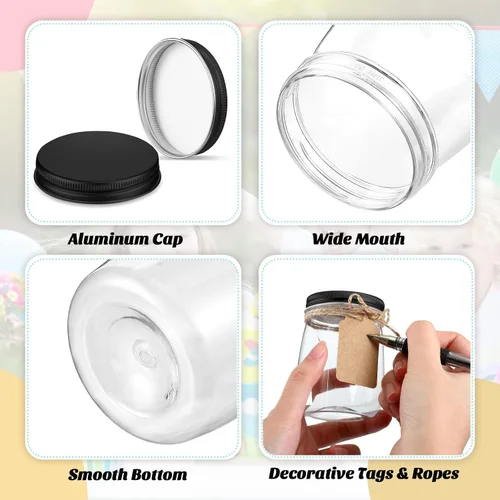 Vista 3 de Nitial Paquete de 50 frascos de plástico de 5 onzas con tapas a granel, recipientes de yogur con tapas, frascos de regalo con cordel para Negro