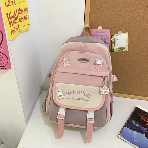 Vista 5 de Tenbip Mochila kawaii, mochila estética, mochila de preparación, suministros escolares kawaii con accesorios de oso.., Rosado