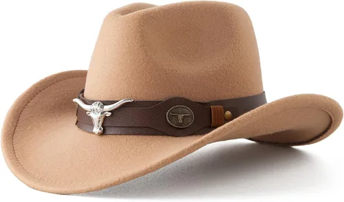 Vista 2 de Jastore sombreros occidentales para niños, sombreros de vaquero de fieltro para niños y niñas, sombrero Fedora Jazz, sombreros de vaquera