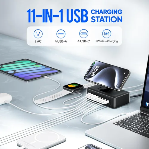 Vista 2 de Estación de carga USB de 200 W, regleta de alimentación USB C 11 en 1, 2 salidas AC y 8 puertos USB, cable de extensión de enchufe plano de 5 pies
