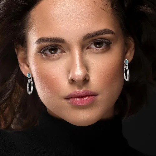 Vista 7 de Aretes de tuerca con piedra natal de turquesa natural con círculo, estilo bohemio para joyería occidental vintage