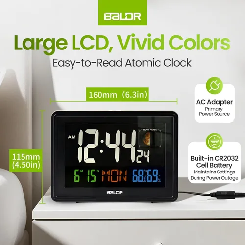 Vista 2 de BALDR Relojes Atómicos para Dormitorios Pantalla Digital Grande - Negro - Reloj de Escritorio con Temperatura Interior y Humedad, Reloj de Mesa
