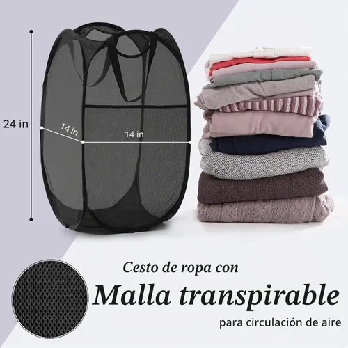 Vista 5 de Cesta de malla desplegable para ropa sucia con asas duraderas - Cesta plegable portátil para dormitorio, baño y viajes (negro)