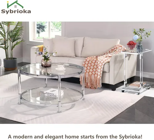 Vista 4 de Mesa auxiliar de cristal plateado, mesas auxiliares cromadas en forma de C con ruedas móviles, mesa acrílica, mesa C deslizante, debajo del sofá