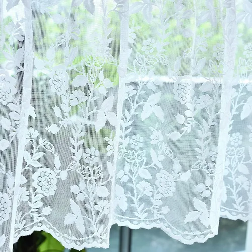 Vista 31 de FINECITY 2 paneles de cortinas de encaje beige de 36 pulgadas de largo con hojas florales rústicas, cortinas cortas y transparentes para ventana