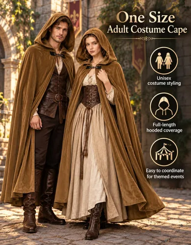 Vista 2 de JPXH Capa medieval con capucha renacentista para hombres y mujeres, disfraz de Halloween Marrón