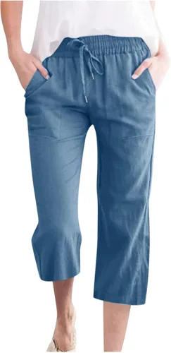 Vista 9 de Ceboyel Pantalones capri para mujer para verano, cintura elástica, pantalones de yoga, con cordón, pantalones de lino, pantalones de entrenamiento