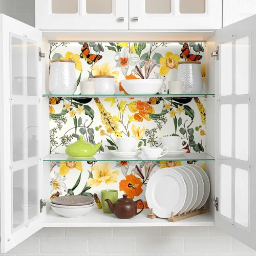Vista 6 de Blooming Wall DPYC07 - Papel tapiz autoadhesivo con hojas de flores blancas y amarillas con mariposas, autoadhesivos, prepegados, decoración de pared