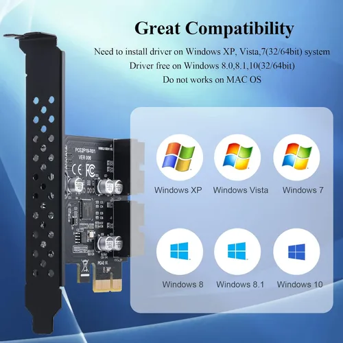Vista 5 de Tarjeta de expansión PCIe de 1 x a 2 puertos y 19 pines, USB 3.2 Gen 1 5 Gbps SuperSpeed PCI Express adaptador USB, compatible con Windows