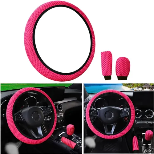 Vista 14 de Bittwee 3 piezas, juego de cubiertas para volante de auto de 15 pulgadas, cubierta para apoyabrazos, cubierta para palanca de cambios, de microfibra