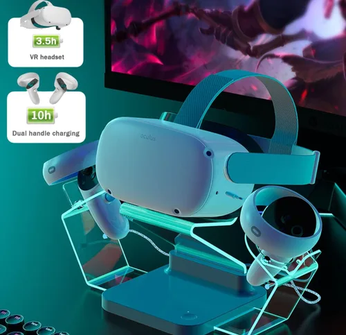 Vista 2 de Base de carga para Oculus Quest 2 con luz LED accesorios arVin Oculus Quest 2 con 2 baterías recargables para Meta Quest 2 soporte de pantalla RGB