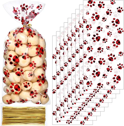 Vista 18 de Blulu 100 bolsas de golosinas para perros, recuerdos de fiesta para cachorros, bolsas de celofán con cono de pata de mascota, dulces sellables por