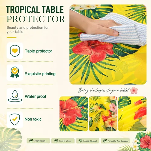 Vista 4 de Oudain Mantel hawaiano de 3 piezas de 84 pulgadas con hojas de palmera tropicales, flores redondas, de plástico, desechable, circular, impermeable