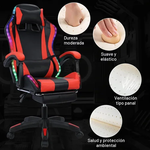 Vista 4 de Silla para videojuegos, silla de videojuegos con luz LED, sillas ergonómicas de masaje para computadora, altura ajustable, con asiento giratorio
