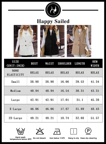 Vista 6 de Happy Sailed Chaleco largo para mujer, de moda, con dos botones, solapa, sin mangas, para oficina, con bolsillos