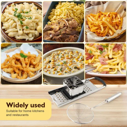 Vista 6 de Spaetzle Maker de acero inoxidable con mango de agarre cómodo y espumadera, juego de herramientas para hacer albóndigas de huevo alemán casero
