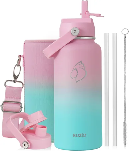 Vista 40 de BUZIO Botella de agua aislada de 24 oz, frasco de agua de boca ancha de acero inoxidable con tapa de pajita, frío durante 48 horas a prueba de Negro