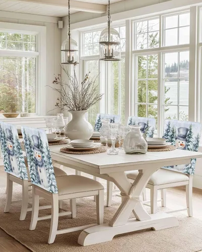 Vista 6 de Paquete de 4 fundas para respaldo de silla de muñeco de nieve de Navidad azul para sillas de comedor, lavables y extraíbles, protector de silla