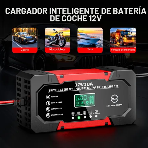 Vista 4 de Cargador de Batería 10A 12V Cargador de Batería de Coche Completamente Automático Inteligente con Pantalla LCD y Compensación de Temperatura