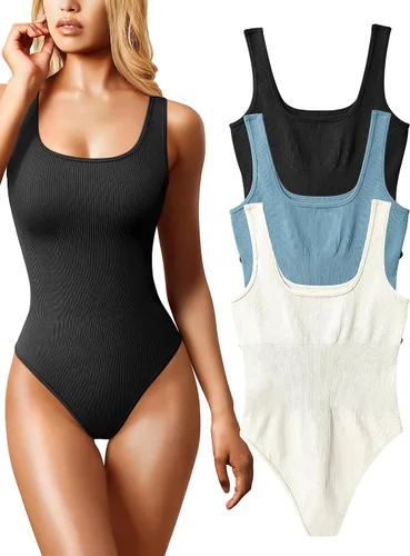 Vista 12 de OQQ Body de 3 piezas para mujer, sexy, acanalado, sin mangas, cuello cuadrado, camiseta sin mangas, leotardo, trajes de moda 2025 negro azul blanco