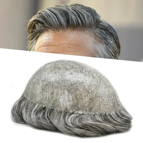 Vista 62 de Toupee para hombres Sistema de reemplazo de cabello humano real para hombres Completo PU Mens Hairpiece de aspecto natural para hombre piezas