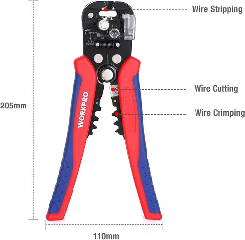 Vista 2 de WORKPRO Pelacables autoajustable, pelacables automático 3 en 1, cortador/engarzador, AWG10-24, alicates múltiples de 8 pulgadas para pelar cables
