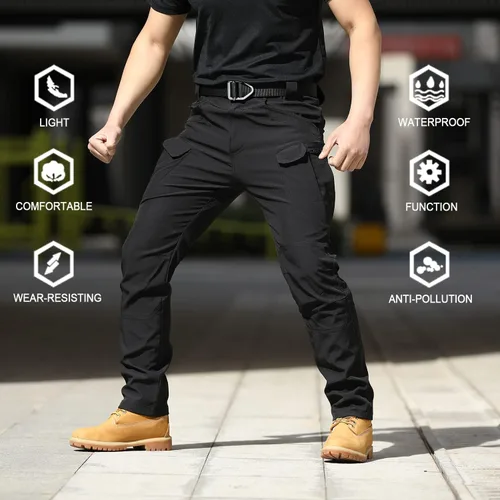 Vista 2 de Pantalones tácticos para hombre, resistentes al agua, Flex Ripstop Cargo Pantalones ligeros de senderismo con múltiples bolsillos (sin cinturón)