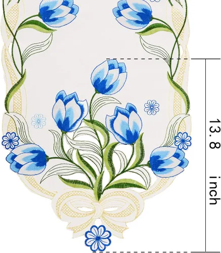 Vista 4 de Caminos de mesa pequeños bordados de tulipán, manteles florales de primavera para Pascua (azul, 13 x 35 pulgadas)