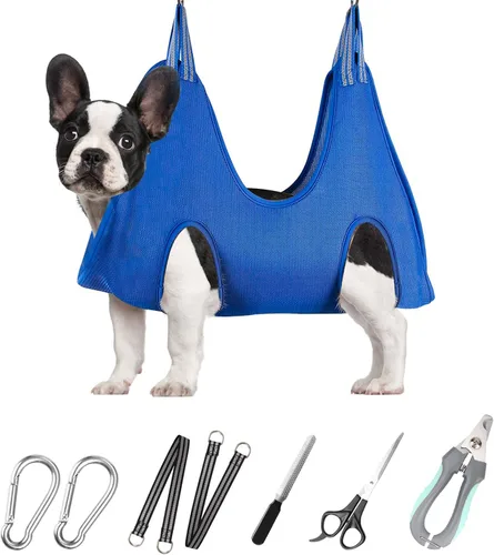 Vista 21 de Hamaca de aseo para mascotas para perros y gatos pequeños – Eslinga para recortar uñas con cortaúñas, lima de uñas y tijeras – Arnés de aseo