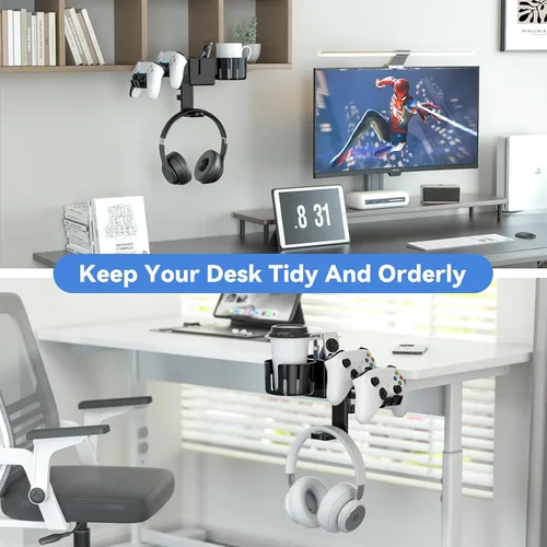 Vista 7 de KDD 5 in 1 Desk Controller Holder - Rotating Headphone Hanger with Cup Holder - Clamp On Desk Organizer Holds Controller, Headphone, Cup, Mobile