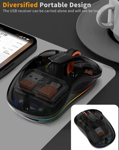 Vista 8 de Ratón inalámbrico Bluetooth, mouse RGB transparente de tres modos, Bluetooth y 2.4 GHz para múltiples dispositivos, receptor USB-C, ideal para Negro
