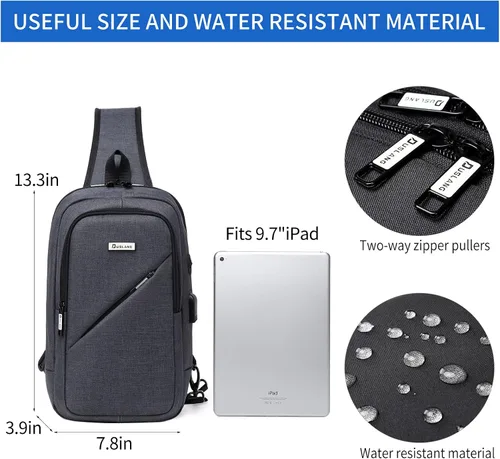 Vista 18 de DUSLANG Mochila de hombro para senderismo, bolsa cruzada para hombres, bolsas de pecho con puerto de cargador USB para campamento casual, ciclismo