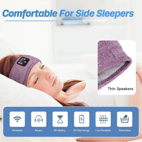 Vista 2 de Auriculares deportivos Bluetooth para dormir, diadema deportiva inalámbrica con altavoces estéreo HD ultrafinos perfectos para entrenamiento Púrpura