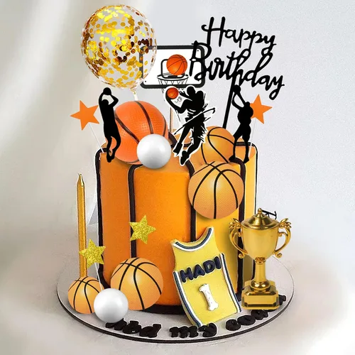 Vista 5 de 29 adornos de baloncesto para tartas de baloncesto con bolas doradas de estrella para cumpleaños de hombres