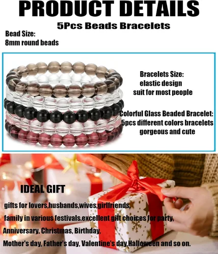 Vista 2 de BOMAIL 5 pulseras elásticas de cuentas de 0.315in, hechas a mano, redondas, de cristal, para mujeres, multicolor, mate, pulsera elástica, regalos