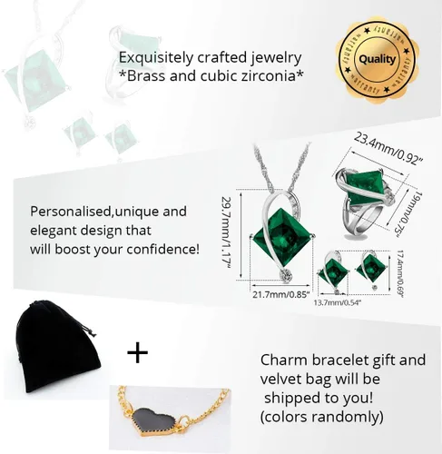 Vista 6 de Uloveido T295 - Juego de collar, anillo y aretes con topacio de cristal cuadrado grande