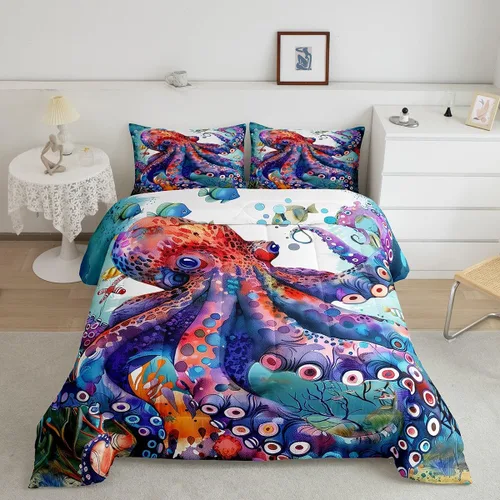 Vista 28 de Erosebridal Blue Ocean - Juego de edredón tamaño individual Juego de ropa de cama de ballena delfín y tortuga marina para niños y niñas, juego