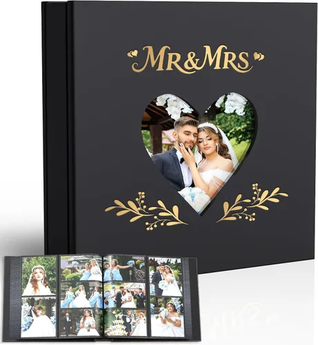 Vista 10 de Álbum de fotos de boda de 4 x 6 pulgadas con 400 bolsillos, libro de recuerdos de cuero beige grabado personalizado para compromiso, despedida