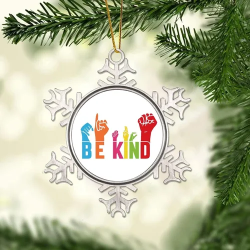 Vista 2 de Pansexual Bisexual LGBTQ Adorno de Navidad, adorno de metal con forma de copo de nieve Be Kind Kindness para árbol de Navidad, orgullo gay, LGBT