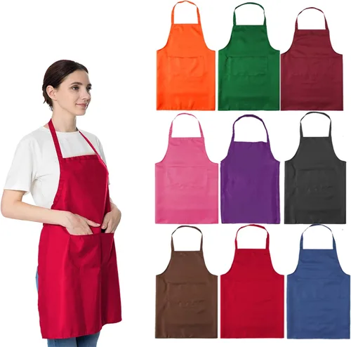 Vista 11 de Delantales azules a granel para mujeres y niñas con 2 bolsillos, delantales de cocina de restaurante de chef, delantales lisos, para artistas