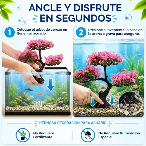 Vista 3 de Cabilock Decoración de acuario de flor de cerezo rosa, planta artificial de tanque de peces de árbol Sakura de 12.2 pulgadas con base estable